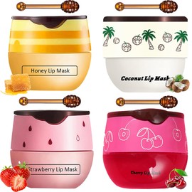 TIRDET 4 PCS Bee Lip Balm Honey Pot, Honey Strawberry Cherry Coconut Sleeping Lip Mask Overnight with Sticks, Exfoliating Prevention Dry and Crack Lip Scrubs