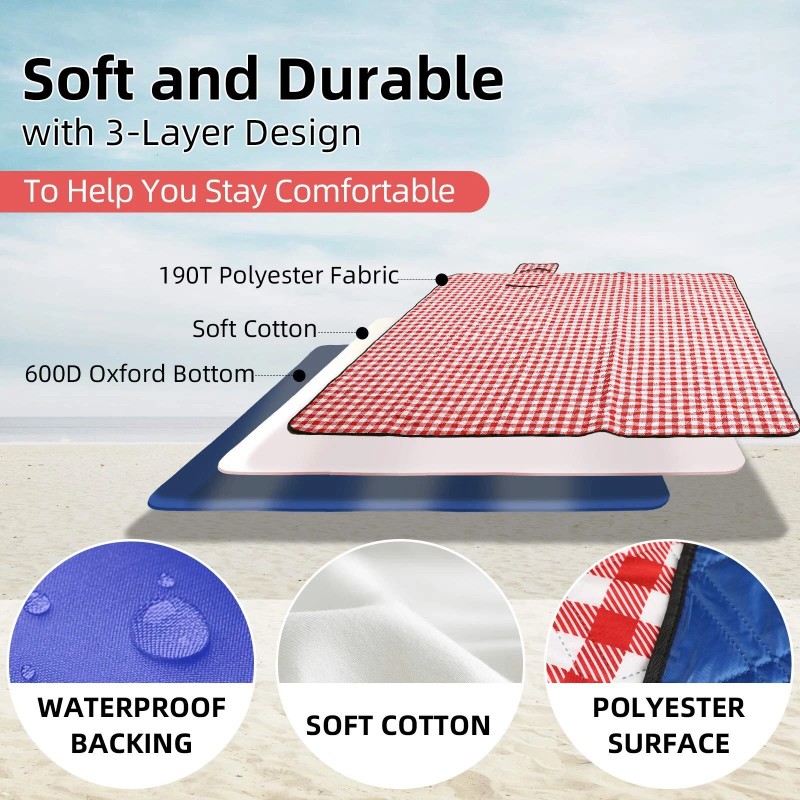 ZAZE Picnic Blanket Extra Large Waterproof, 80''x80''Check