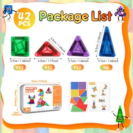 Mini Magnetic Tiles Travel Toys Set, 42-Piece Travel Magnet Building Blocks Set Magnetic Tiles with Iron Box Base STEM Montessori Toys for Boys & Girls 3+ Year Old Plane Activities for Kids