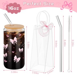 Mumufy 8 Sets Coquette Bow Aesthetic Cup with Clear Gift Bag 16 oz Reusable Pink Cute Glass Cup with Lids and Straws Tumbler Stuff Cleaning Brush for Coffee Cocktail Girl Women Friends Gifts