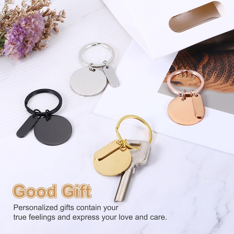 [PATIKIL] ステンレス製エングレービングキーチェーン空白 30個 メタルレザー刻印可能なスタンピング空白キーリングタグ DIYキーチェーン クラフト 黒トーン（ラウンド）