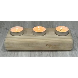 Wooden 3 Tea Light Candle Holder, 8 Inches (Natural Wood, Rounded Brick)