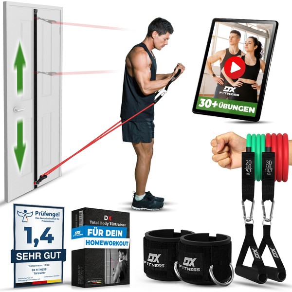 DX Fitness Height-adjustable door anchor with fitness bands and workout videos, door anchor resistance bands set, fitness equipment for home, strength training, multi expander sports equipment