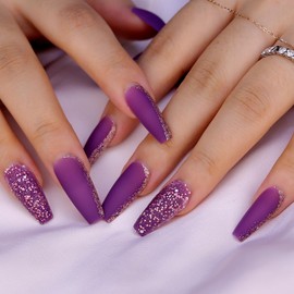 24PCS Women's Bling Press On Nails Coffin - Matte Purple Press On Nails Long, Luxurious Glossy Glue On Nailss, Glitter Stick On Nails, Chic Gel Fake Nails in 12 Sizes