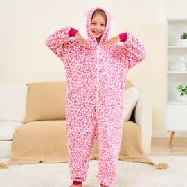 Ceruwum Girls Cat Ears Sleepsuit Kids Cat Animal Onesie Pyjamas (Leopard, 10-12 Years)