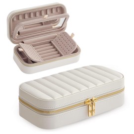 Elegant White Travel Jewelry Case with Mirror – Portable Jewelry Organizer Box with Zipper, Removable Compartments for Rings, Earrings, Necklaces & Bracelets, PU Leather Jewelry Box for Women