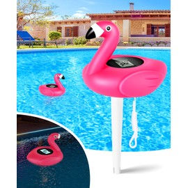 FirstE 2026 Upgrade Solar Digital Pool Thermometer Come with Rope | Backlit LCD Display for Easy Read | Flamingo Pool Temperature Thermometer Floating Design | Ultra-accurate Temperature Gauge for Spa
