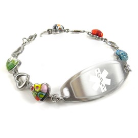 My Identity Doctor - Customized Medical Alert Bracelet for Women with Engraving - 1.2cm Steel, Glass Hearts - White - Wrist Size 6.25 Inch