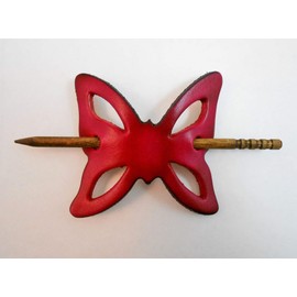 Made in USA - 2 Large GENUINE THICK LEATHER Butterfly Hair Barrettes w Sticks, Ponytail Holders, Choice of Colors