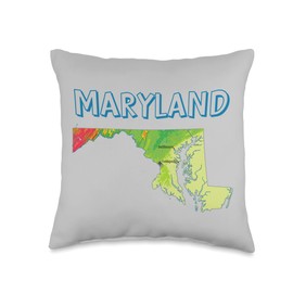 Physical Map of Maryland with lakes, Annapolis, Baltimore Throw Pillow