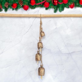 LIMBAD Handmade Iron Bell Hanging Chime Brass Finish Wall Rope 4 Bells Cluster Wall Hanging Décor Bells, 25 Inch Long Hanging Bell Set - for Wreaths, Outdoor, Indoor, Christmas (Remembrance)