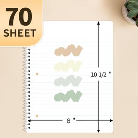 SUNEE Spiral Notebooks Wide Ruled, 1-Subject, 4 Pack, 8 x 10-1/2 inch, 70 Sheets per Notebook,3-Hole Punched Paper,Green,Grey,Beige,Red Spiral Lined Notebooks for Work, Home&School,Writing Journal