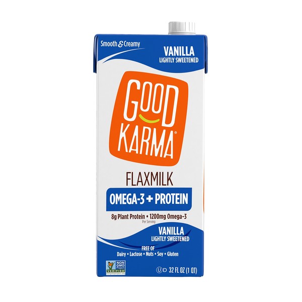 Good Karma Plant-Powered Flaxmilk, Unsweetened, 32 oz Shelf-Stable Carton (Pack of 6) Dairy-Free, Plant Based Milk Alternative