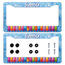 Summer License Plate Frame 2 Pack Blue Ice Colorful Popsicles Car Front License Plate Personalise License Plate Frames Rust-Proof Stainless Steel Metal Car Plates Tag Funny Decor Men Women