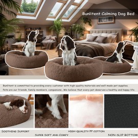Bunlitent 30'' inch Calming Dog Bed, Plush Anti-Anxiety Donut Dog Bed for Small Medium Dogs, Warming Cozy Soft Cute Round Washable, Marshmallow Cuddler Nest Pet Bed, Brown