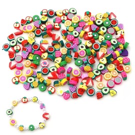 Pack of 100 Fruit Beads for Threading, Beads for Bracelets, Polymer Clay Beads, Fruit Beads, Bracelet Set, Craft Set, Jewellery Bead Set, Colourful Charms DIY, for Children Making Bracelet Crafts