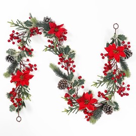 TOCHGREEN 6FT Red Berry Christmas Garland,Artificial Berries Garland with Pine Cones,Poinsettia Flowers and Holly Leaves,Poinsettia Christmas Decorations for Indoor Outdoor Holiday Home Decor (6FT)