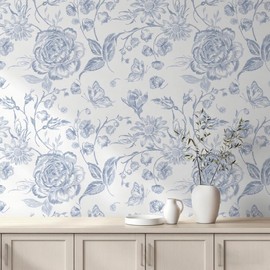Micpolo Peel and Stick Wallpaper Floral Wall Paper Boho Embroidered Contact Paper Bedroom Bathroom Wallpaper Navy Blue and White Removable Self-Adhesive Kitchen Wall Decor Vinyl Roll 17.3" x 197"