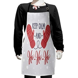 Ambesonne Keep Calm Apron, Christmas Fun Theme with Snowfall Seasonal Gloves Ho Ho Ho Santa Print, Small Apron Bib with Adjustable Ties for Baking Painting, Small Size, Pale Grey Dark Coral