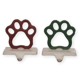 The Bridge Collection 3" Red & Green Cast Iron Paw Print Stocking Hooks - Set of 2 – Metal Christmas Mantel Holder - Christmas Gift for Dog Lovers