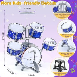 Upgraded Kids Drum Set for Toddlers 1-3, Kids Jazz Drum Ages 3-5, Star Light up Musical Instrument Toys for Boys Girls 2-5 4-6 5-7 ( All Plastic)