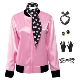 FORTMAC 50s Costumes for Women Pink Satin Jacket Lady Costumes for Women with Polka Dot M