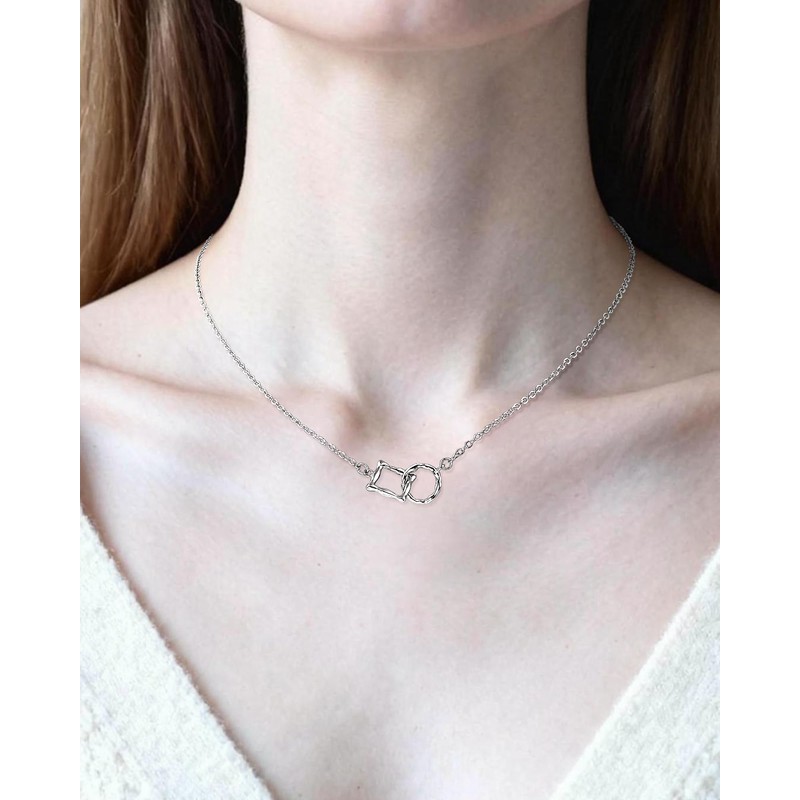 Desnuage Silver Geometric Square and Circle Pendant Necklace Simple Everyday