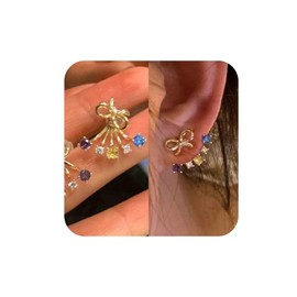 Aneneiceera Vintage Rainbow Crystal Ear Jacket Earrings Gold Ribbon Bow Stud Earrings Tiny Filigree Bowknot Earrings Colorful Crystal Floating Earrings Jewelry for Women