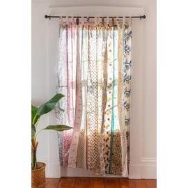 YILLE Boho Silk Sari Curtain Panel,1 Piece Vintage Handmade Lightweight Recycled Indian Silk Saree Window Drapes for Bohemian Living Room, Aesthetic Home Décor Wall Hanging - White, 84 X 43 in