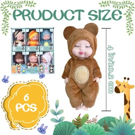Woozettn 6 Pcs Mini Baby Dolls,4 Inch Realistic Small Baby Doll Toys with Animal Clothes,Cute Tiny Babies Gifts for Girls Kids Baby Shower Easter Basket Valentine