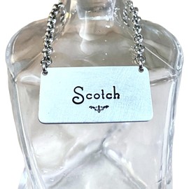Individual Liquor Alcohol Bottle Decanter Label (1) Tag, Choose From 7 Hand-Stamped Silver-Color Aluminum on Chain, 1"X2" Decorative Victorian Rococo Gift Ideas for Men, Home Bar Decor (Scotch)
