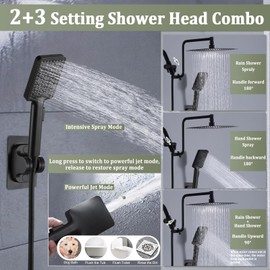 8" For California Rainfall Shower Head with Handheld Combo, Upgrade 12" Extension Arm Height Adjustable, Stainless Steel Shower Head Shower Holder Extra Long Hose, Matte Black