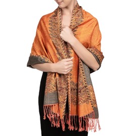 Achillea Luxurious Double Layered Jacquard Big Paisley Pashmina Shawl Wrap Scarf (Orange-Border)