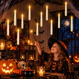 Floating LED Candles with Magic Wand – Warm Flickering Flameless Lights for Halloween and Themed Home Decor