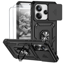 TUNKARMOR Funda para Redmi Note 14 4G (No aplicable a 5G) Case - Incluye 2 películas Protectoras templadas con Ventana Deslizante de protección de la cámara y Soporte para el teléfono - Negro