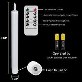 DRomance White Flameless Flickering Taper Candles Battery Operated with Remote and Timer 6 Packs 3D Wick Vertical Stripe Real Wax LED Taper Candles Wedding Dinner Holiday Decor(0.78 x 9.64 Inch)