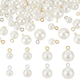 PH PandaHall Pack of 80 Pearl Pendants in 4 Sizes 8 10 12 14 mm White Pearls Round Faux Pearls with Golden/Silver Bow for DIY Earrings Necklaces Bracelets Jewellery Key Chain, Plastic, No Gemstone