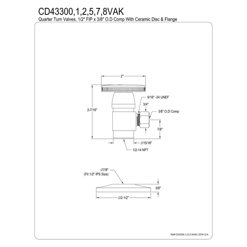 Kingston Brass CD43307VAK 1/2"IPS x 3/8"O.D. Anti-Seize Deluxe Quarter-Turn Ceramic