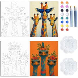 WEBEEDY 2 Packungen Vorgezeichnete Leinwand Zum Malen Für Erwachsene Anfänger Bunter Giraffen Strauß Schluck Und Malkasten Leinwand Malset Mit Zeichnungsbereiter Farbe Einzigartiges Geschenk 20x25cm
