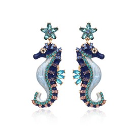 CETVLY Cubic Zirconia Seahorse Drop Dangle Earrings for Women and,Large Navy Blue Rhinestones Star Stud Cute Big Animal Earrings Beach Ocean Unique Earrings,Statement Trendy Jewelry Gift