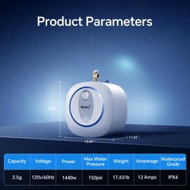 Ranein 2.5-Gallon Mini-Tank Electric Water Heater, Under Sink or Floor Mounted, 120V, 1440W – Instant Hot Water for Kitchen, Bathroom & RV Use