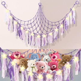 Stuffed Animal Storage with Fairy Lights, Toy Storage Organizer Hanging Stuffed Animal Hammock with Lace Tassels, Stuffy Storage Hammock for Play Room, Kids Bedroom, Girls Cute Room Decor Purple