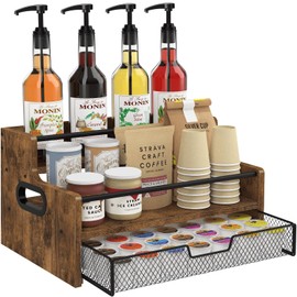 Homode Coffee Syrup Organizer Rack, 3-Tier 8 Bottles Syrup Stand with 35 K Cup Storage Drawer for Coffee Station Bar Accessories, Countertop Wood Liquor Bottle Holder for Wine, Rustic Brown