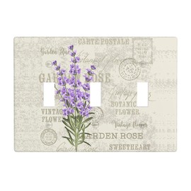 Moslion Purple Lavender 3-Gang Switch Plug Covers Violet Flower Vintage Postcard Stamp Triple Toggle Wall Plate Decor Light Covers for Home Kitchen Bedroom