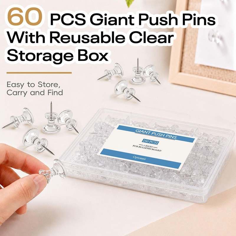 Optomni Giant Push Pins 60 PCS, 1 Inch Large Clear