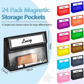Patelai 24 Pcs Magnetic Storage Pockets Whiteboard Accessory Case Classroom Storage Pouches for Organization Magnet Storage Organizer Pocket File Holder for Teacher Student School Office, 12 Colors