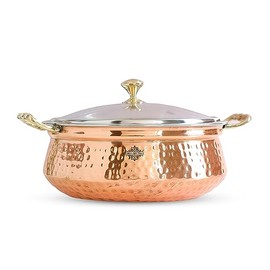 IndianArtVilla Hammered Steel Copper Casserole Donga Bowl with Glass Lid,Serveware & Tableware,74 OZ