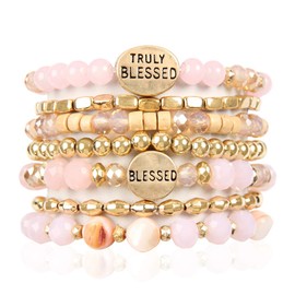 RIAH FASHION Inspirational Multi Layer Bead Stacking Strand Stretch Statement Bracelets - Religious Message Sparkly Crystal, Boho Bangle Set (7-Layer Coin Plate - Truly Blessed Pink)