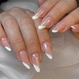 Press On Nails 24pcs Acrylic French Full Cover False Nails Nude Silver Lines Almond Fake Nail Women Girls Daily Decoration Nail Extension Easy DIY
