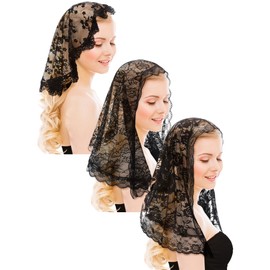 Fourluoo 3 Pcs Mantilla Catholic Veil for Church Chapel Lace Christian Veils Head Covering Scarf for Bridal Women (Black)